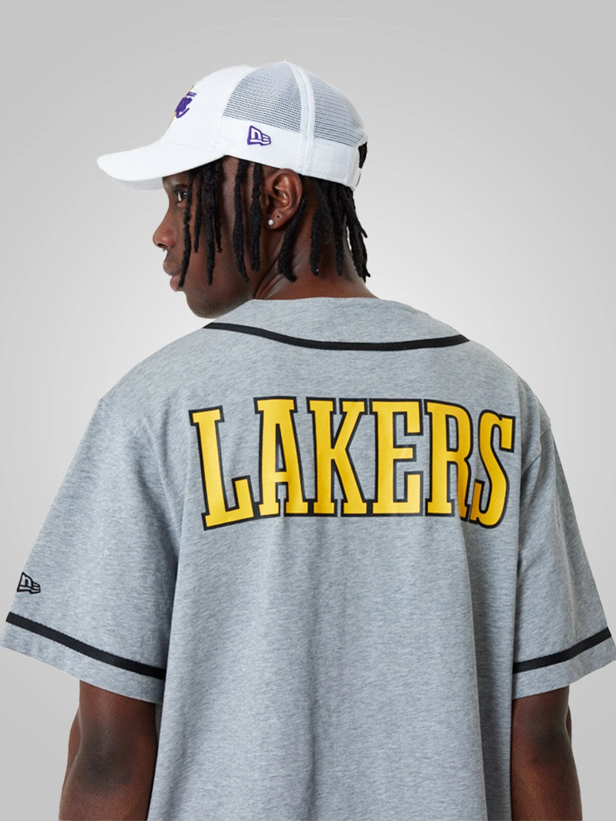 LA Lakers NBA Baseball Jersey Grey T-Shirt - New Era - Image 4